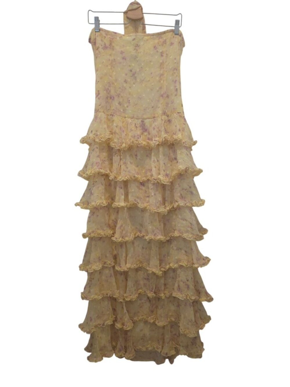 PrettyLittleThing Pastel Yellow Chiffon Floral Print Tiered Frill Maxi Dress 12 - Picture 2 of 10
